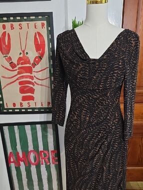 Ralph Lauren Black Dress with Brown Abstract Print - Long Sleeve Cowl Neck 6